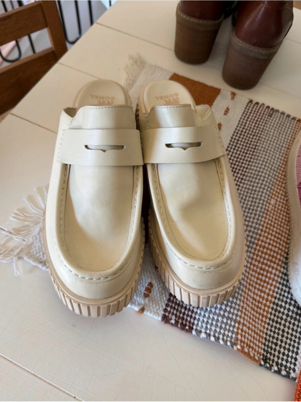 Sorel Ivory Leather Slip-On Mule with Chunky Tread